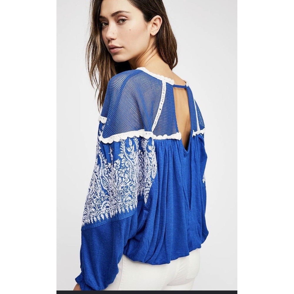 NOT FOR SALE Free People Blue Embroidered Mesh Panel Blouse Boho Top Womens